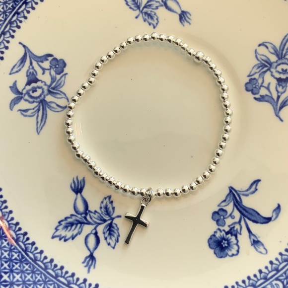 Handmade 3mm Sterling Silver Beaded Bracelet with Cross Charm - 6.25" - Picture 2 of 2
